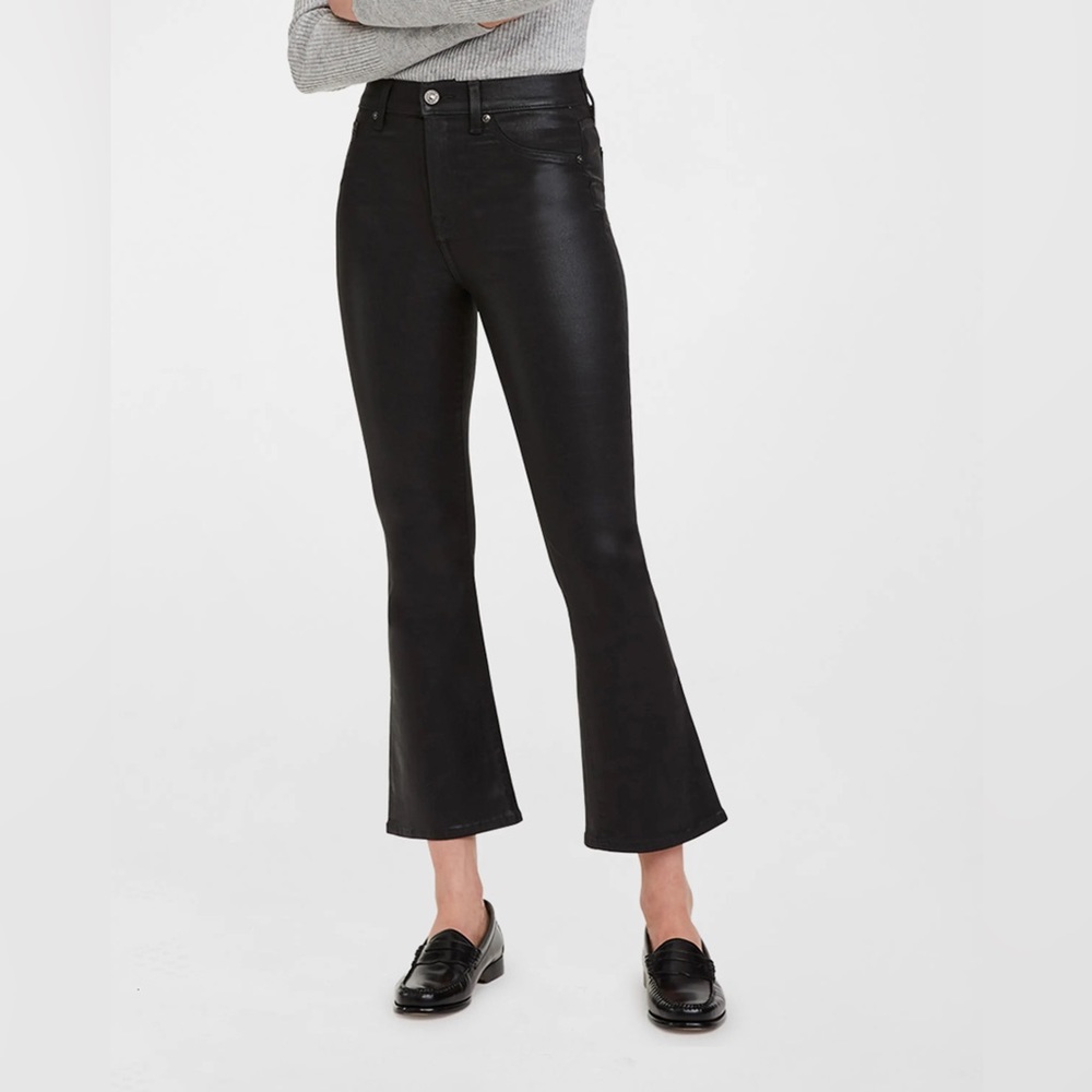 7 For All Mankind Slim Kick High Rise Cropped Flare Jeans in Coated Black sz 31